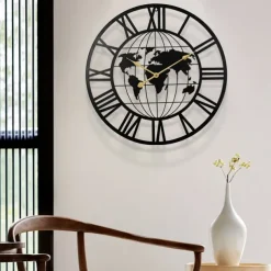 Wall Clock Iron Round Office Clock Creative Map Personality Mute Hanging Watch Nordic Living Room Clock Home Decor 60 cm
