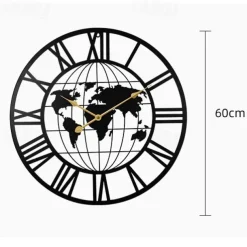 Wall Clock Iron Round Office Clock Creative Map Personality Mute Hanging Watch Nordic Living Room Clock Home Decor 60 cm