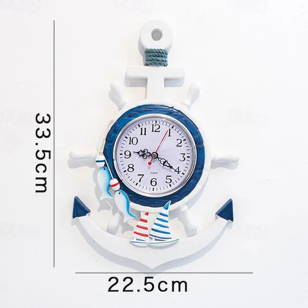 Wall Decoration Wall Hanging Mediterranean Style Wood Powder Stamped Blue And White Helmsman Anchor Creative Personalized Nautical Clock