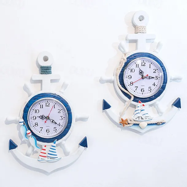 Wall Decoration Wall Hanging Mediterranean Style Wood Powder Stamped Blue And White Helmsman Anchor Creative Personalized Nautical Clock