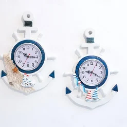 Wall Decoration Wall Hanging Mediterranean Style Wood Powder Stamped Blue And White Helmsman Anchor Creative Personalized Nautical Clock
