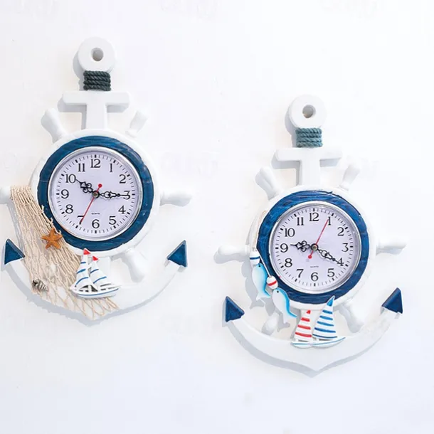 Wall Decoration Wall Hanging Mediterranean Style Wood Powder Stamped Blue And White Helmsman Anchor Creative Personalized Nautical Clock