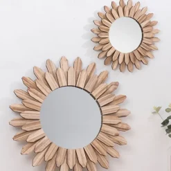 Wall Mirror Decorative Rustic Round Wood Mirrors for Wall Sunburst Boho Wall Art Decor Mirror for Cottagecore Decor Entryway Bedroom Living Room