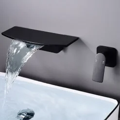Wall Mount Bathroom Sink Mixer Faucet Brass, Waterfall Basin Taps Wall Mounted Single Handle One Hole Tap with Hot and Cold Hose Black White Electroplated