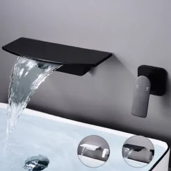 Wall Mount Bathroom Sink Mixer Faucet Brass, Waterfall Basin Taps Wall Mounted Single Handle One Hole Tap with Hot and Cold Hose Black White Electroplated