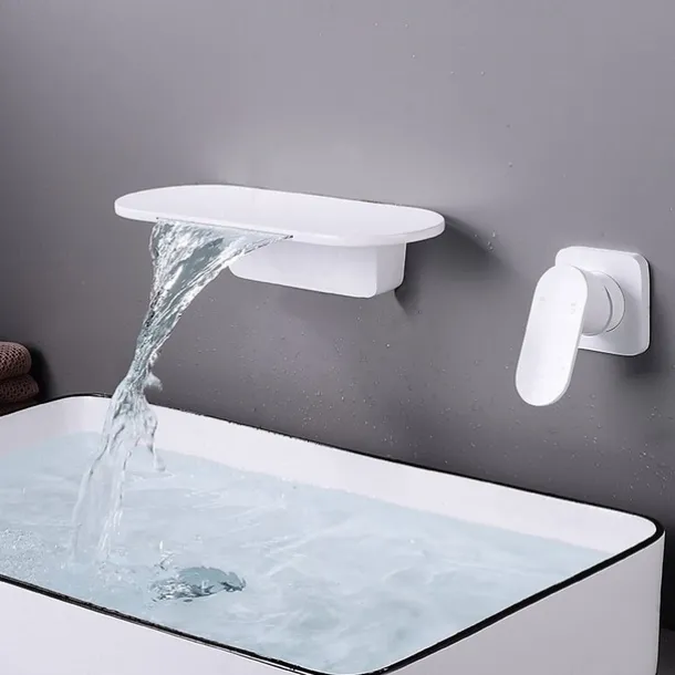 Wall Mount Bathroom Sink Mixer Faucet Brass, Waterfall Basin Taps Wall Mounted Single Handle One Hole Tap with Hot and Cold Hose Black White Electroplated