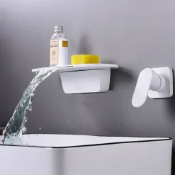 Wall Mount Bathroom Sink Mixer Faucet Brass, Waterfall Basin Taps Wall Mounted Single Handle One Hole Tap with Hot and Cold Hose Black White Electroplated