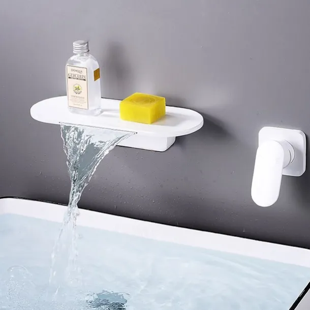 Wall Mount Bathroom Sink Mixer Faucet Brass, Waterfall Basin Taps Wall Mounted Single Handle One Hole Tap with Hot and Cold Hose Black White Electroplated