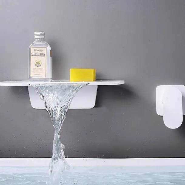 Wall Mount Bathroom Sink Mixer Faucet Brass, Waterfall Basin Taps Wall Mounted Single Handle One Hole Tap with Hot and Cold Hose Black White Electroplated