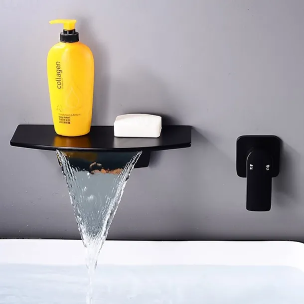 Wall Mount Bathroom Sink Mixer Faucet Brass, Waterfall Basin Taps Wall Mounted Single Handle One Hole Tap with Hot and Cold Hose Black White Electroplated