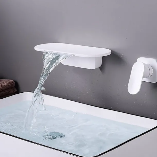 Wall Mount Bathroom Sink Mixer Faucet Brass, Waterfall Basin Taps Wall Mounted Single Handle One Hole Tap with Hot and Cold Hose Black White Electroplated