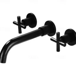 Wall Mount Bathroom Sink Mixer Faucet, Washroom Basin Brushed Gold Faucet Brass Basin Mixer Taps and Rough in Valve Included with Double Handle for Vessel Water Tap