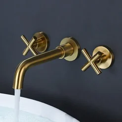 Wall Mount Bathroom Sink Mixer Faucet, Washroom Basin Brushed Gold Faucet Brass Basin Mixer Taps and Rough in Valve Included with Double Handle for Vessel Water Tap