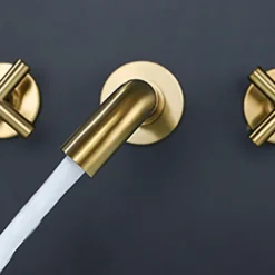 Wall Mount Bathroom Sink Mixer Faucet, Washroom Basin Brushed Gold Faucet Brass Basin Mixer Taps and Rough in Valve Included with Double Handle for Vessel Water Tap