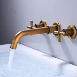 Wall Mount Bathroom Sink Mixer Faucet, Washroom Basin Brushed Gold Faucet Brass Basin Mixer Taps and Rough in Valve Included with Double Handle for Vessel Water Tap