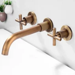 Wall Mount Bathroom Sink Mixer Faucet, Washroom Basin Brushed Gold Faucet Brass Basin Mixer Taps and Rough in Valve Included with Double Handle for Vessel Water Tap