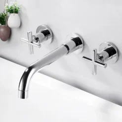 Wall Mount Bathroom Sink Mixer Faucet, Washroom Basin Brushed Gold Faucet Brass Basin Mixer Taps and Rough in Valve Included with Double Handle for Vessel Water Tap