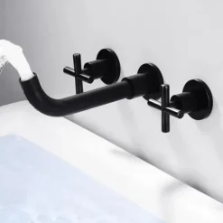 Wall Mount Bathroom Sink Mixer Faucet, Washroom Basin Brushed Gold Faucet Brass Basin Mixer Taps and Rough in Valve Included with Double Handle for Vessel Water Tap