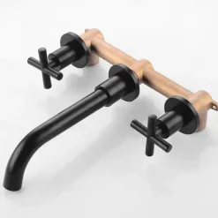 Wall Mount Bathroom Sink Mixer Faucet, Washroom Basin Brushed Gold Faucet Brass Basin Mixer Taps and Rough in Valve Included with Double Handle for Vessel Water Tap