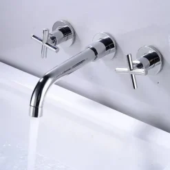 Wall Mount Bathroom Sink Mixer Faucet, Washroom Basin Brushed Gold Faucet Brass Basin Mixer Taps and Rough in Valve Included with Double Handle for Vessel Water Tap