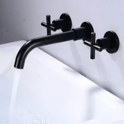 Wall Mount Bathroom Sink Mixer Faucet, Washroom Basin Brushed Gold Faucet Brass Basin Mixer Taps and Rough in Valve Included with Double Handle for Vessel Water Tap