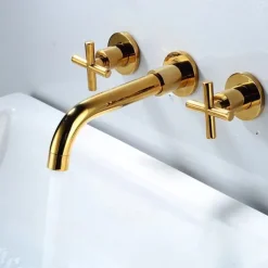 Wall Mount Bathroom Sink Mixer Faucet, Washroom Basin Brushed Gold Faucet Brass Basin Mixer Taps and Rough in Valve Included with Double Handle for Vessel Water Tap