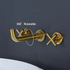 Wall Mount Bathroom Sink Mixer Faucet, Washroom Basin Brushed Gold Faucet Brass Basin Mixer Taps and Rough in Valve Included with Double Handle for Vessel Water Tap