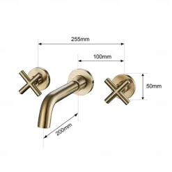 Wall Mount Bathroom Sink Mixer Faucet, Washroom Basin Brushed Gold Faucet Brass Basin Mixer Taps and Rough in Valve Included with Double Handle for Vessel Water Tap