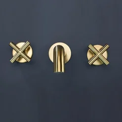 Wall Mount Bathroom Sink Mixer Faucet, Washroom Basin Brushed Gold Faucet Brass Basin Mixer Taps and Rough in Valve Included with Double Handle for Vessel Water Tap