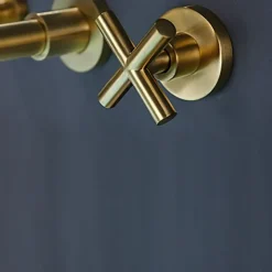 Wall Mount Bathroom Sink Mixer Faucet, Washroom Basin Brushed Gold Faucet Brass Basin Mixer Taps and Rough in Valve Included with Double Handle for Vessel Water Tap