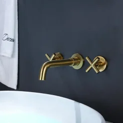 Wall Mount Bathroom Sink Mixer Faucet, Washroom Basin Brushed Gold Faucet Brass Basin Mixer Taps and Rough in Valve Included with Double Handle for Vessel Water Tap