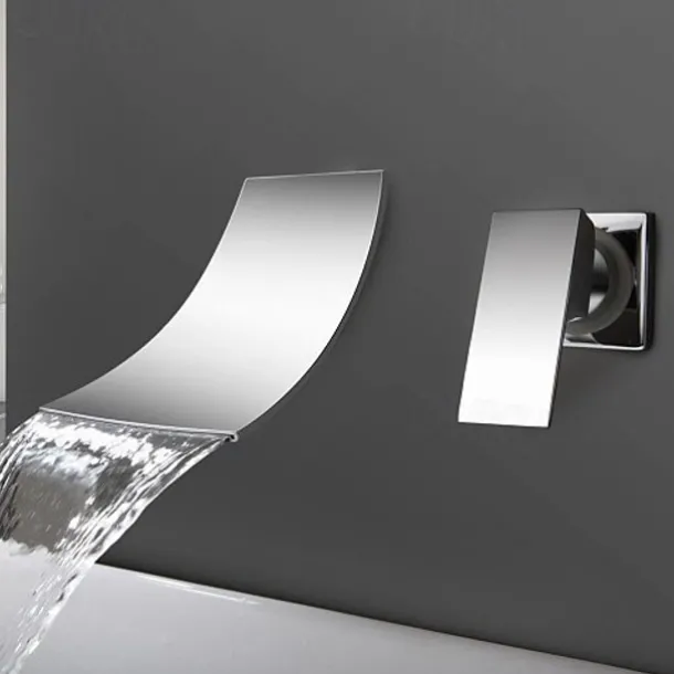 Wall Mount Bathroom Sink Mixer Faucet Chrome, Concealed Washroom Basin Taps Waterfall Spout Single Handle 2 Hole, Rough in Valve Mixer Bathtub Bath Taps