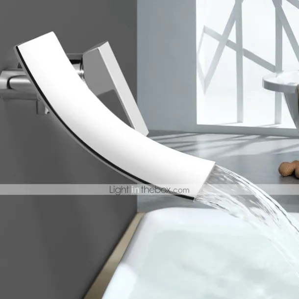 Wall Mount Bathroom Sink Mixer Faucet Chrome, Concealed Washroom Basin Taps Waterfall Spout Single Handle 2 Hole, Rough in Valve Mixer Bathtub Bath Taps
