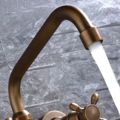 Wall Mount Bathroom Sink Mixer Faucet, Widespread Brass 3 Holes 2 Handles Vintage Basin Taps Washroom with Hot and Cold Water Hose