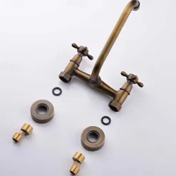 Wall Mount Bathroom Sink Mixer Faucet, Widespread Brass 3 Holes 2 Handles Vintage Basin Taps Washroom with Hot and Cold Water Hose