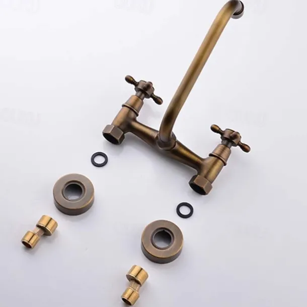 Wall Mount Bathroom Sink Mixer Faucet, Widespread Brass 3 Holes 2 Handles Vintage Basin Taps Washroom with Hot and Cold Water Hose