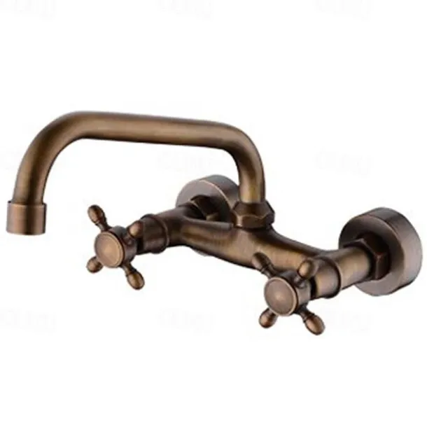 Wall Mount Bathroom Sink Mixer Faucet, Widespread Brass 3 Holes 2 Handles Vintage Basin Taps Washroom with Hot and Cold Water Hose
