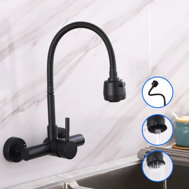 Wall Mount Kitchen Sink Mixer Faucet with Sprayer Kitchen Faucet Stainless Steel Pot Filler Taps, 360 Swivel Polished Black/Chrome Single Handle Mixer Vessel Tap