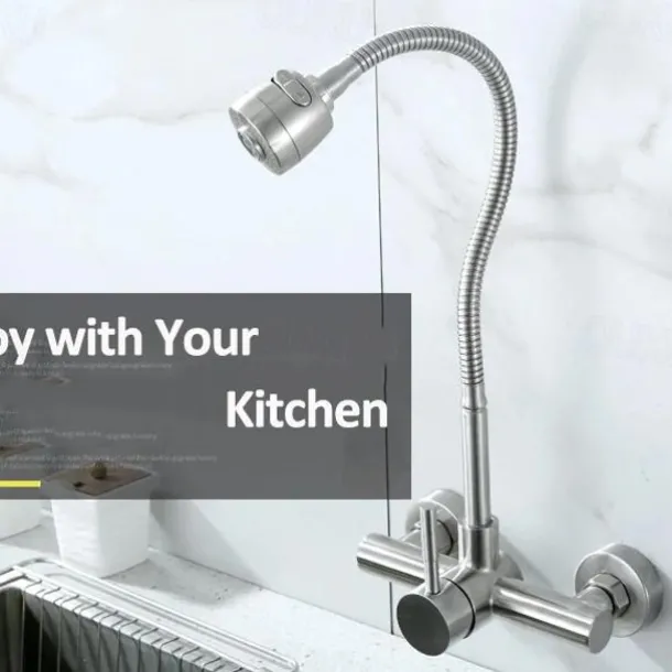 Wall Mount Kitchen Sink Mixer Faucet with Sprayer Kitchen Faucet Stainless Steel Pot Filler Taps, 360 Swivel Polished Black/Chrome Single Handle Mixer Vessel Tap