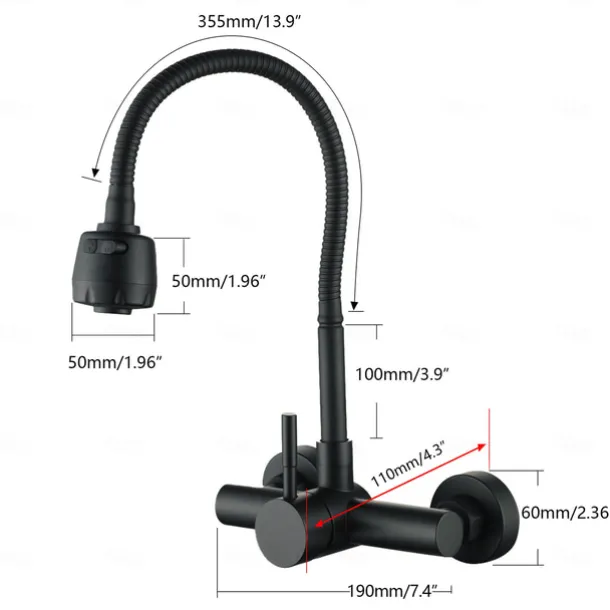 Wall Mount Kitchen Sink Mixer Faucet with Sprayer Kitchen Faucet Stainless Steel Pot Filler Taps, 360 Swivel Polished Black/Chrome Single Handle Mixer Vessel Tap