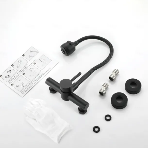 Wall Mount Kitchen Sink Mixer Faucet with Sprayer Kitchen Faucet Stainless Steel Pot Filler Taps, 360 Swivel Polished Black/Chrome Single Handle Mixer Vessel Tap