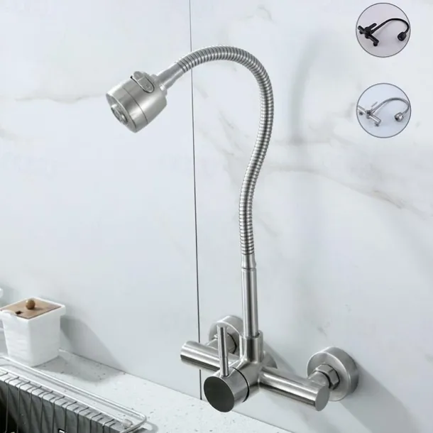 Wall Mount Kitchen Sink Mixer Faucet with Sprayer Kitchen Faucet Stainless Steel Pot Filler Taps, 360 Swivel Polished Black/Chrome Single Handle Mixer Vessel Tap