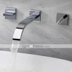 Wall Mounted Bathroom Sink FaucetSilvery Widespread Chrome Two Handles Three Holes Bath Taps with Hot and Cold Water