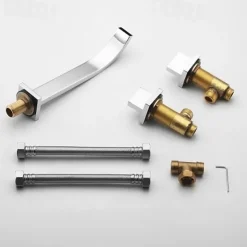 Wall Mounted Bathroom Sink FaucetSilvery Widespread Chrome Two Handles Three Holes Bath Taps with Hot and Cold Water