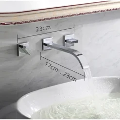 Wall Mounted Bathroom Sink FaucetSilvery Widespread Chrome Two Handles Three Holes Bath Taps with Hot and Cold Water