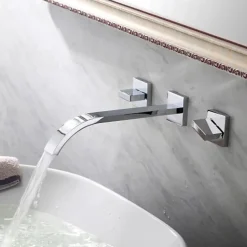Wall Mounted Bathroom Sink FaucetSilvery Widespread Chrome Two Handles Three Holes Bath Taps with Hot and Cold Water
