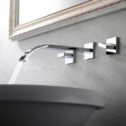 Wall Mounted Bathroom Sink FaucetSilvery Widespread Chrome Two Handles Three Holes Bath Taps with Hot and Cold Water