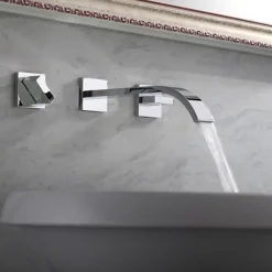 Wall Mounted Bathroom Sink FaucetSilvery Widespread Chrome Two Handles Three Holes Bath Taps with Hot and Cold Water