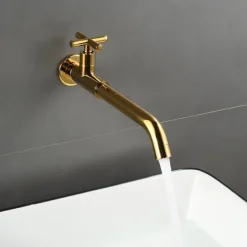 Wall Mounted Bathroom Sink Faucet, Brass Constructed Single Handle One Hole Long Reversible Spout Bath Mixer Taps for Bathroom Sink Tall Vessel, in Black Antique Brass Chrome Silver