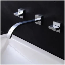 Wall Mounted Bathroom Sink Mixer Faucet Waterfall, Widespread Basin Taps Vintage Brass 2 Handles 3 Holes Washroom Wash Baxin Tap with Cold Hot Water Hose